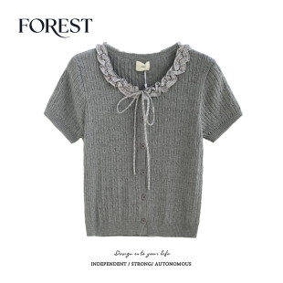 夏装 针织衫 新款 子木耳边系绳圆领短袖 上衣 韩系学院风格 拾野森
