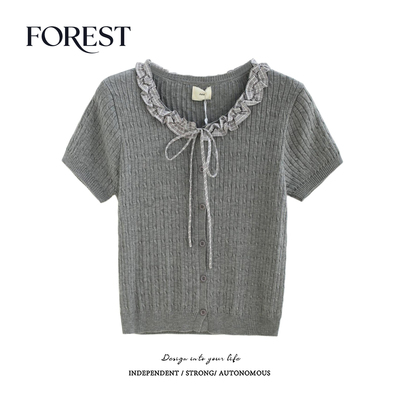 拾野森学院风木耳边系绳针织衫
