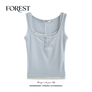 拾野森 新款 纯欲甜辣短款 假两件条纹刺绣单排扣U领吊带背心 夏装