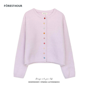 镂空花边彩色扣圆领毛衣开衫 拾野森 加厚韩系慵懒风短款 新款 冬装