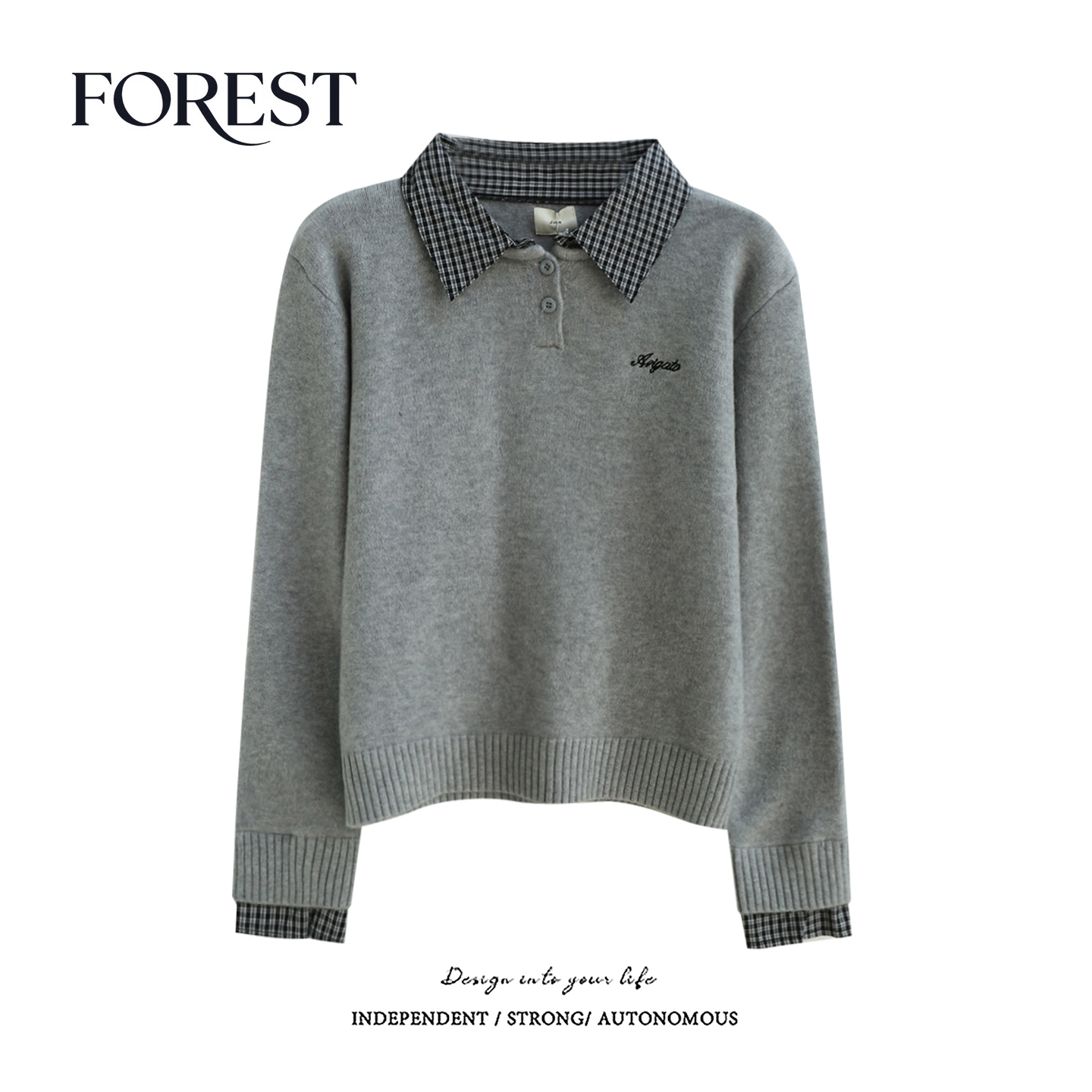 拾野森 冬装新款韩版学院风假两件刺绣格子衬衫长袖套头毛衣上衣