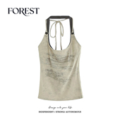 夏装 新款 美式 拾野森 复古辣妹短款 假两件印花挂脖吊带背心上衣