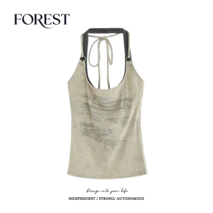 复古辣妹短款 拾野森 美式 新款 假两件印花挂脖吊带背心上衣 夏装