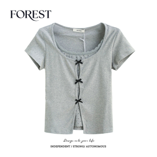 假两件波点蕾丝花边U领短袖 拾野森 纯欲甜辣短款 新款 T恤上衣 夏装