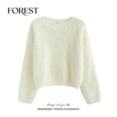 水貂毛长袖 拾野森 圆领套头毛衣上衣 韩版 温柔少女短款 冬装 新款