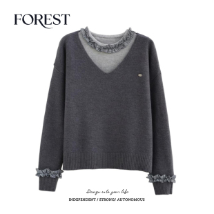 宽松假两件格子木耳边V领长袖 不退不换 2件5折 套头毛衣 清仓