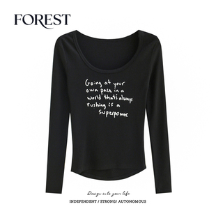 T恤上衣打底衫 拾野森 纯欲甜辣弧形下摆字母印花U领长袖 新款 春装