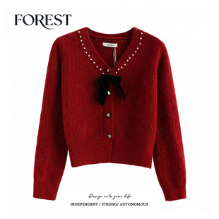 拾野森 冬装新款韩系新年短款蝴蝶结珍珠长袖V领红色毛衣开衫外套