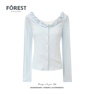 bm风纯欲甜美假两件蕾丝花边木耳边圆领长袖 新款 上衣 秋装 拾野森