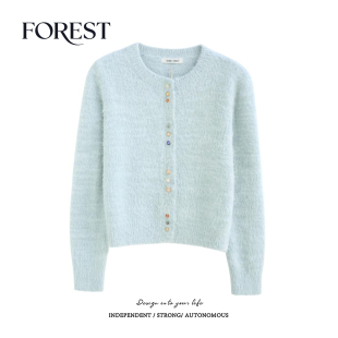 新款 圆领毛衣开衫 韩版 三粒彩扣水貂毛长袖 外套 温柔短款 拾野森冬装