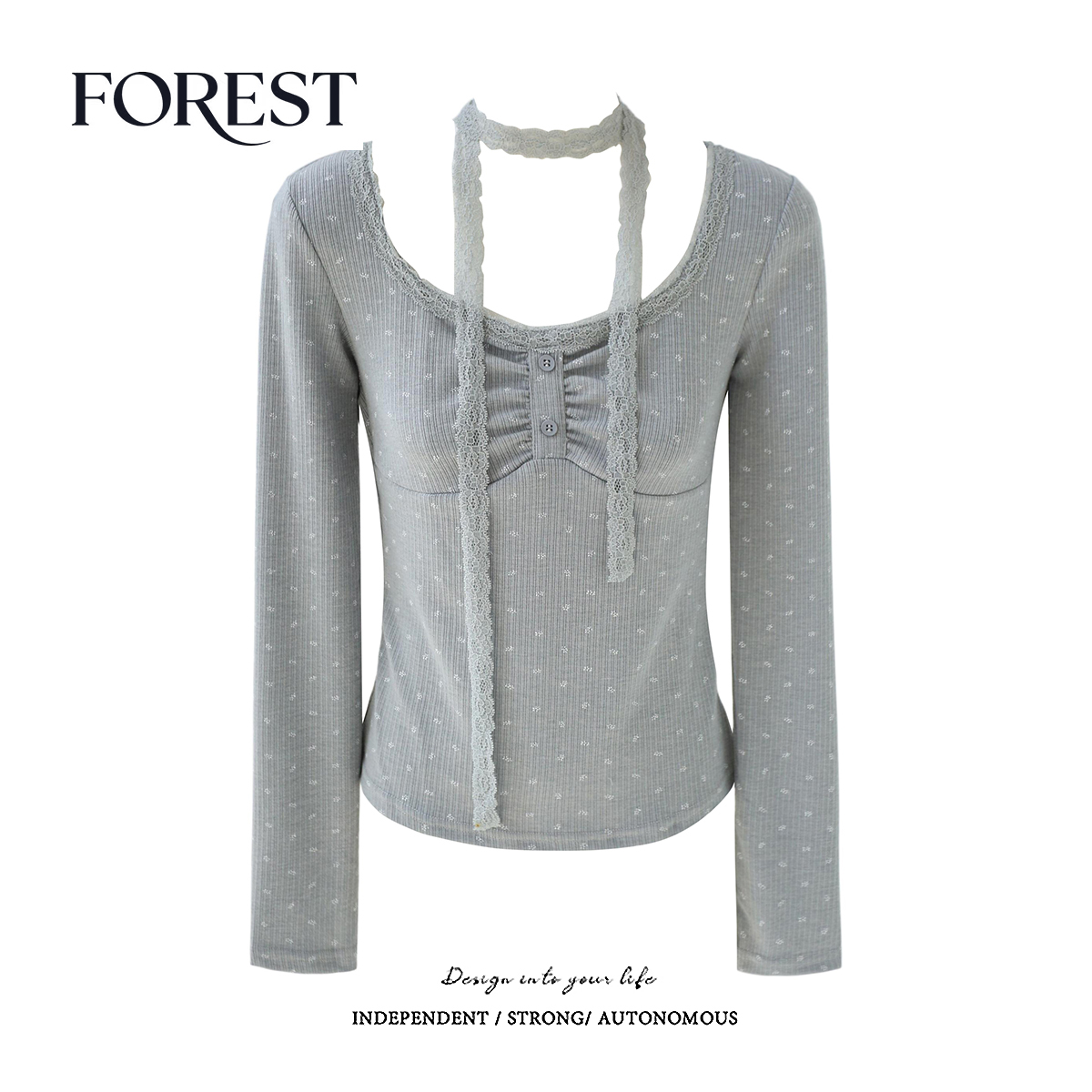 拾野森短款碎花蕾丝围脖上衣