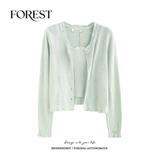 春装 木耳边镂空开衫 新款 假两件针织背心长袖 韩系宽松短款 拾野森