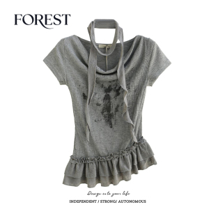 复古辣妹短款 拾野森 美式 新款 木耳荷叶边印花荡领围脖上衣T恤 夏装