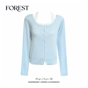 不退不换 2件5折 短款 假两件蕾丝挂脖长袖 上衣 U领针织衫 清仓