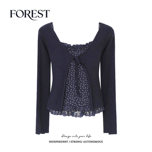 针织开衫 拾野森秋装 碎花蕾丝吊带背心长袖 纯欲甜辣短款 两件套 新款