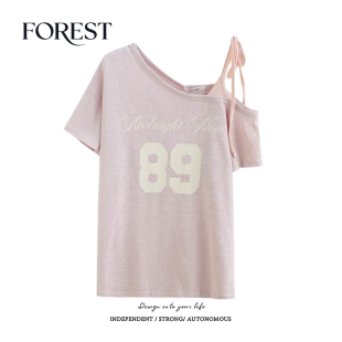 复古辣妹宽松印花条纹吊带斜领短袖 拾野森 美式 新款 T恤女上衣 夏装