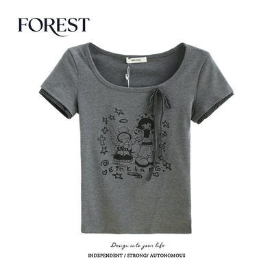 拾野森卡通印花系绳T恤