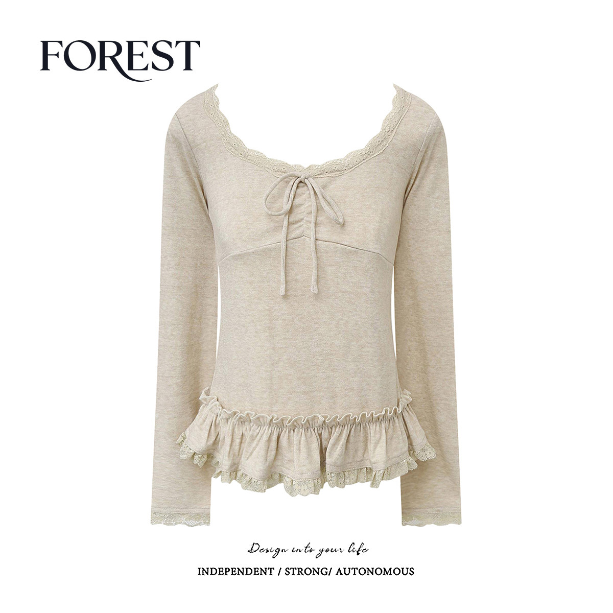 拾野森蕾丝荷叶边长袖上衣