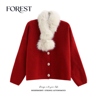 圆领毛衣开衫 拾野森 圣诞新年加厚狐狸毛球围脖长袖 新款 外套 冬装