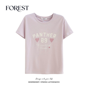 宽松甜美爱心字母印花圆领短袖 拾野森 韩版 新款 T恤女上衣百搭 夏装