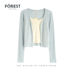 拾野森 春装新款纯欲短款蕾丝吊带背心长袖V领针织衫开衫两件套