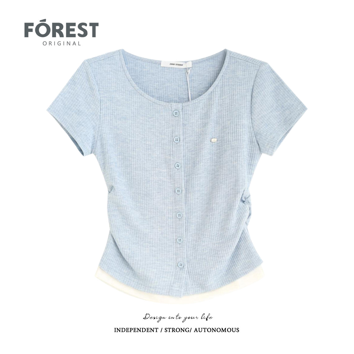 拾野森 夏装新款纯欲甜辣短款假两件收褶金属标圆领短袖T恤女上衣