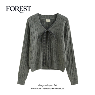 格子蝴蝶结麻花V领长袖 拾野森 复古学院风短款 韩版 毛衣 秋冬新款