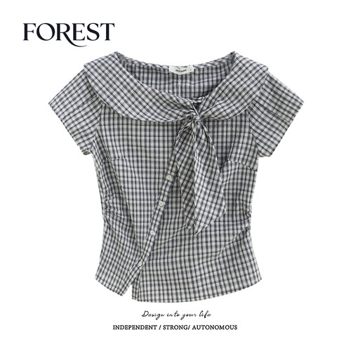 拾野森短款格子蝴蝶结斜襟衬衫