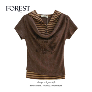 夏装 假两件条纹印花连帽短袖 新款 复古辣妹短款 上衣 美式 拾野森