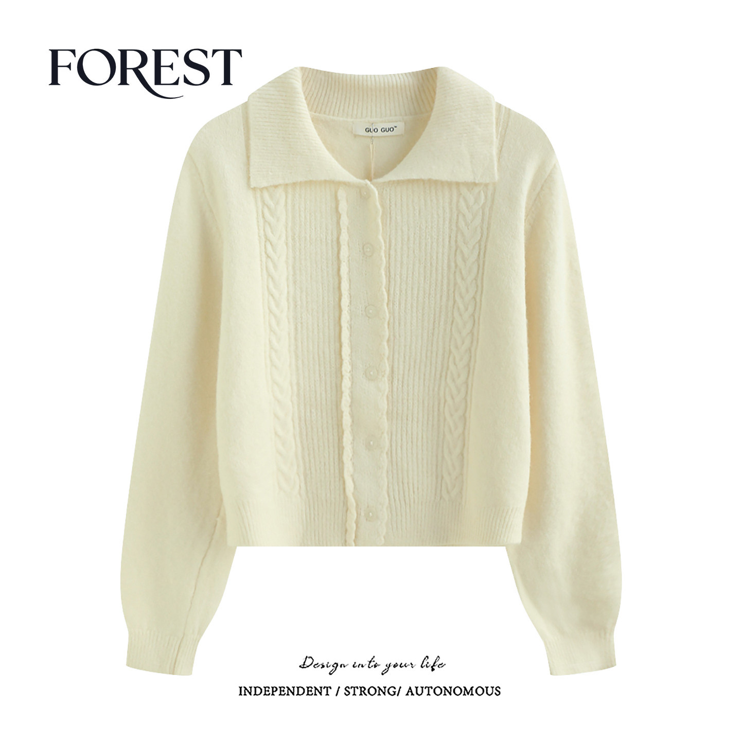 拾野森 秋冬新款韩版短款麻花手钩花边翻领长袖针织衫毛衣开衫