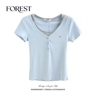 夏装 假两件标签连帽U领短袖 新款 复古辣妹短款 T恤上衣 美式 拾野森