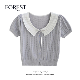 夏装 上衣开衫 新款 镂空撞色荷叶领系绳针织衫 纯欲甜辣短款 拾野森