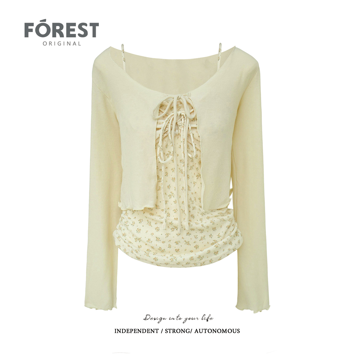 拾野森短款碎花背心开衫两件套