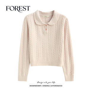 冬装 镂空麻花娃娃领长袖 新款 温柔少女短款 套头毛衣 韩版 拾野森