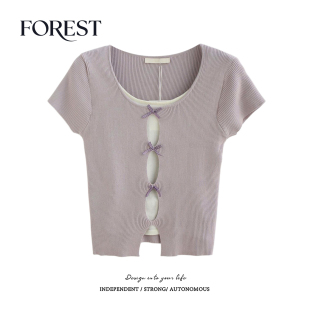 夏装 针织衫 新款 假两件蝴蝶结U领短袖 女上衣 纯欲甜辣短款 拾野森