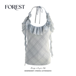 小众气质短款 拾野森 法式 新款 菱格挂脖荷叶边玫瑰花背心 夏装