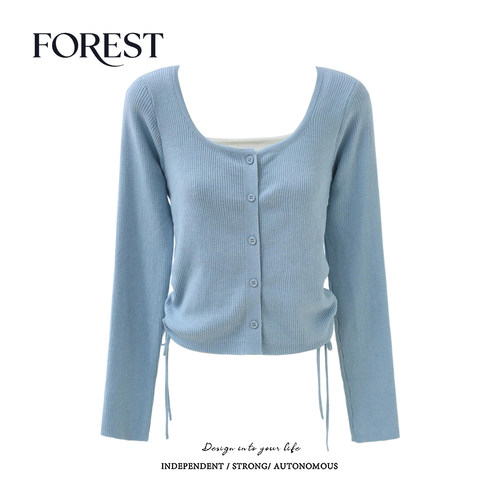 拾野森短款假两件抽绳针织衫