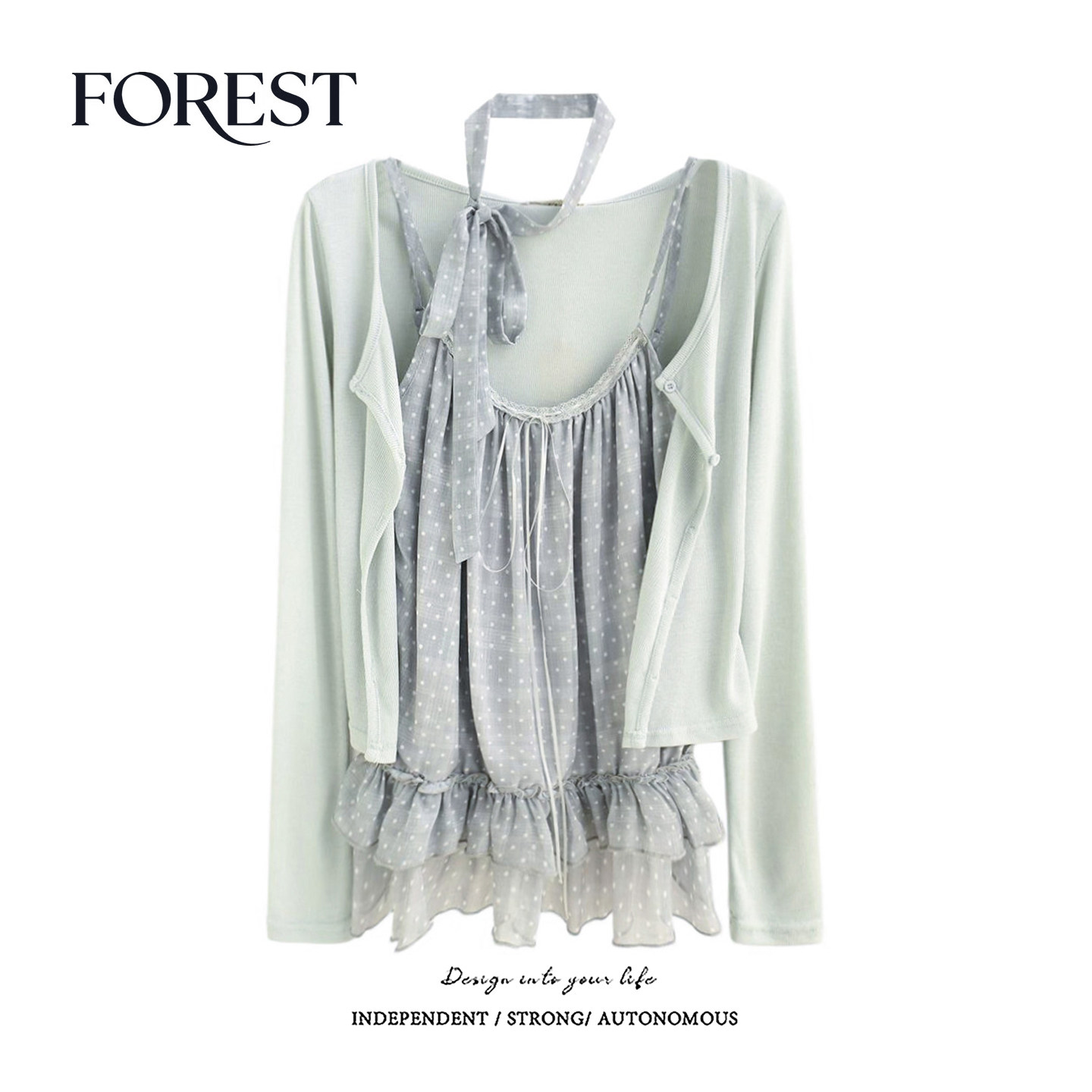 拾野森 春装新款度假风波点蕾丝花边围脖吊带背心长袖开衫两件套