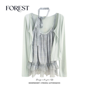 开衫 拾野森 度假风波点蕾丝花边围脖吊带背心长袖 新款 两件套 春装