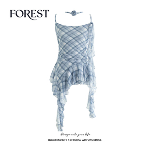 小众短款 拾野森 法式 新款 设计感格子网纱荷叶边吊带背心上衣 夏装