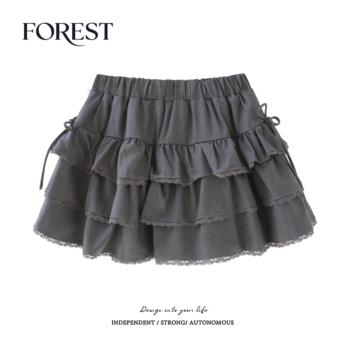 拾野森 秋装新款韩系高腰显瘦蕾丝花边蝴蝶结半身裙蛋糕裙短裙