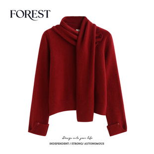 拾野森 冬装新款韩版温柔少女设计感围巾长袖圆领套头毛衣上衣