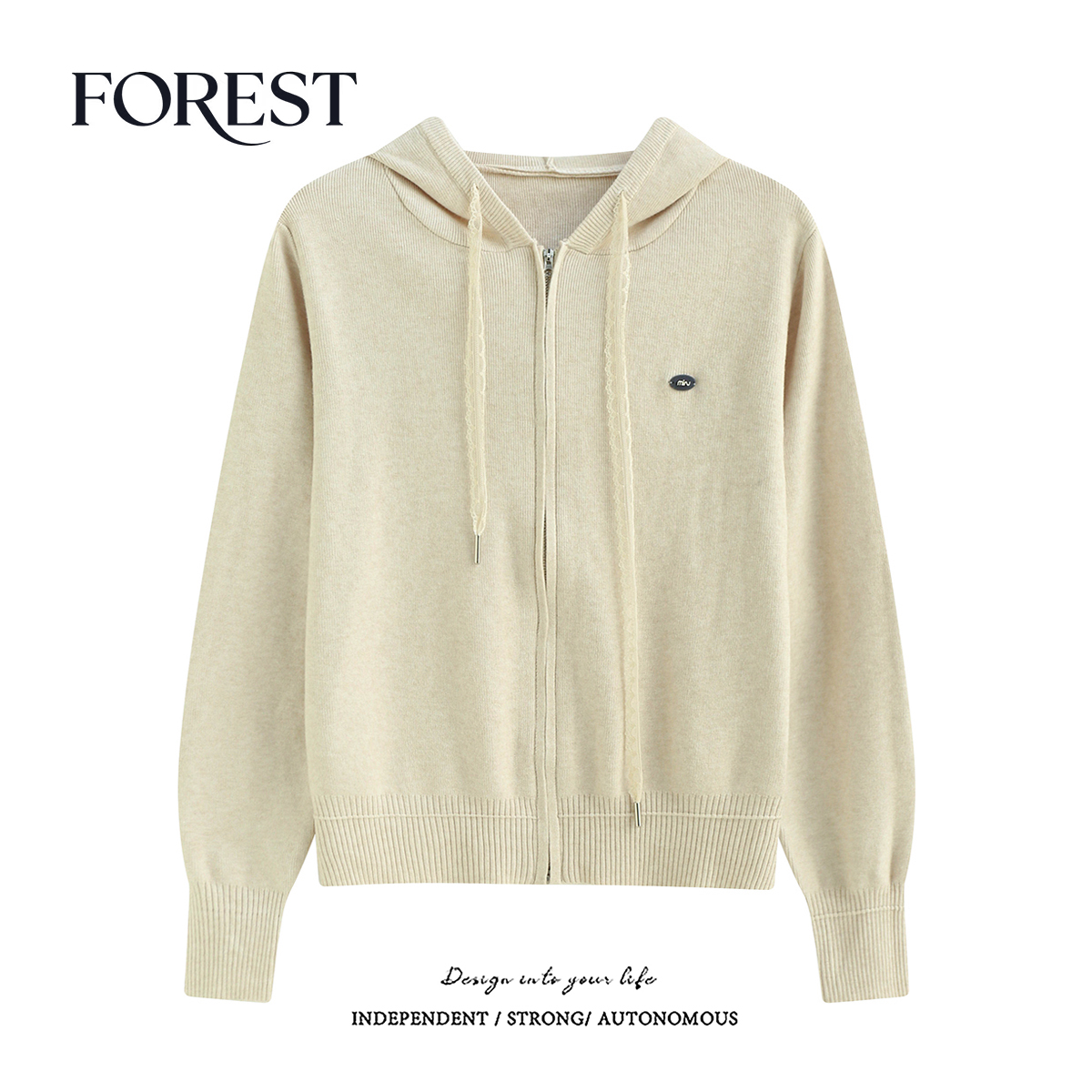 拾野森蕾丝绑带连帽针织衫开衫