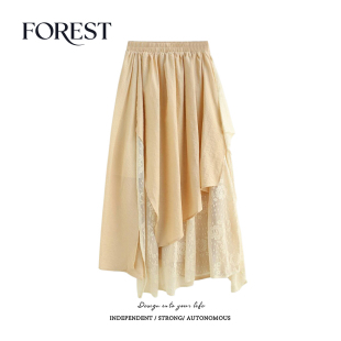 设计感蕾丝拼接半身裙长裙 田园风高腰显瘦中长款 拾野森 春夏新款