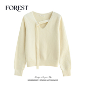 亮丝花朵V领长袖 拾野森 套头毛衣上衣 韩版 温柔短款 冬装 新款