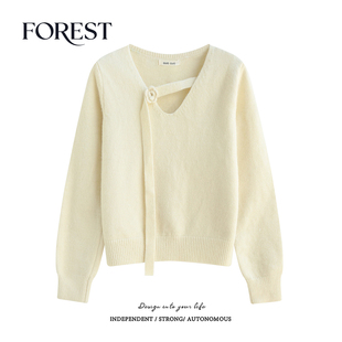 冬装 亮丝花朵V领长袖 新款 温柔短款 套头毛衣上衣 韩版 拾野森