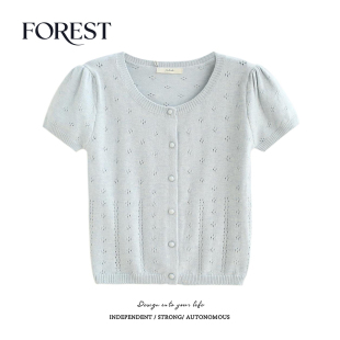 韩系短款 新款 镂空泡泡袖 圆领针织衫 小个子 拾野森 上衣开衫 夏装