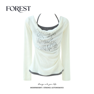 复古辣妹假两件字母印花挂脖荡领长袖 拾野森 美式 新款 上衣 春装