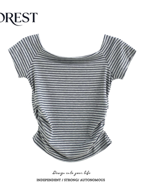 拾野森 夏装新款BM风短款收褶弧形条纹短袖方领T恤女上衣打底衫