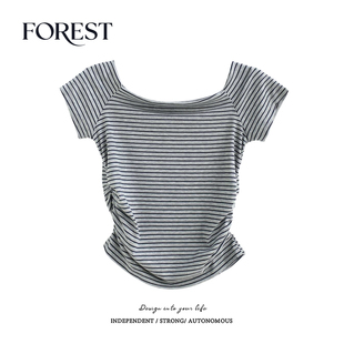 夏装 方领T恤女上衣打底衫 新款 收褶弧形条纹短袖 BM风短款 拾野森
